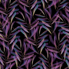 Seamless bright pattern on the black background. Violet leaves good for wrappings paper, wallpaper and fabric. 