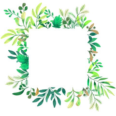 Square frame made of hand-painted watercolor plants and leaves. Suitable for postcards, social networks or printing. 