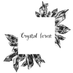 Crystal decorative frame in black and white colors. Hand drawn watercolor illustration for invitations, postcards or social media. 
