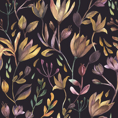 A noble pattern of lilies and plants made by hand in watercolors. Seamless ornament on a dark background for wrapping paper or product design.
