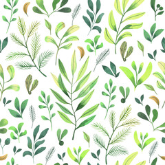 Seamless pattern with summer leaves. Hand drawn watercolor illustration assembled into an ornament.