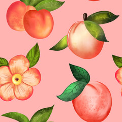 Illustration digital watercolor seamless pattern of peach and flowers