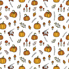 Seamless vector pattern with doodle pumpkins, mushrooms, leaves and branches. Autumn Halloween background.