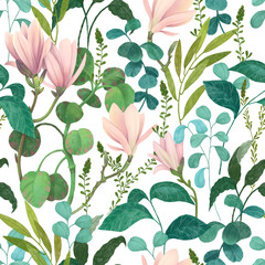 Seamless pattern with delicate magnolia flowers and fresh leaves. The colorful spring pattern is suitable for printing on fabrics, cards, wrapping paper.