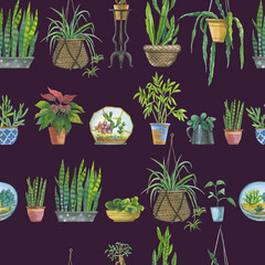 Fresh pattern of indoor plants in pots. Hand drawn watercolor illustration for wrapping paper, product design or greeting card on the violet background.