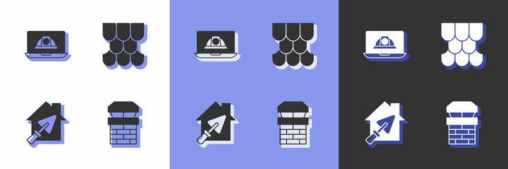 Set Chimney, Worker safety helmet, House with trowel and Roof tile icon. Vector