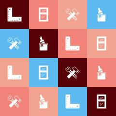Set pop art Corner ruler, Window in room, Hammer and wrench spanner and Paint bucket with brush icon. Vector