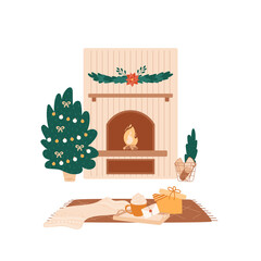 Christmas scene with fireplace, tree, fire, logs in basket, carpet with blanket, hot drink, open gift box, letter. Winter cozy home. Vector illustration, greeting card, banner. Decorated interior.