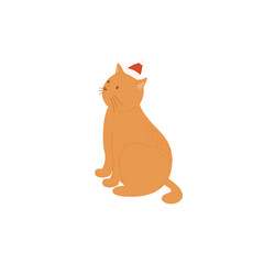 Cute red cat in Santa hat. Christmas pet. Funny animal sitting, holiday print. Vector isolated illustration.