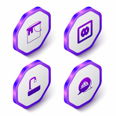Set Isometric Paint bucket, Electrical outlet, Washbasin and Worker safety helmet icon. Purple hexagon button. Vector