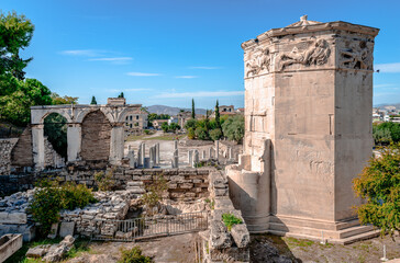 The ruins of the Roman Agora, located to the north of the Acropolis of Athens, in Greece. The Tower...