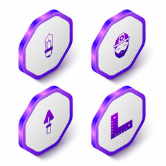 Set Isometric Light bulb, Builder, Trowel and Corner ruler icon. Purple hexagon button. Vector