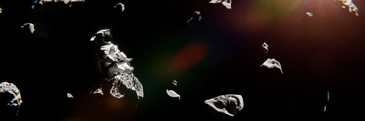 astronaut meditating, spaceman sitting on an asteroid, space background banner