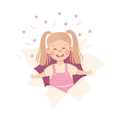 Cheerful Girl with Ponytail Looking Through Torn Paper Hole with Confetti Explosion Vector Illustration