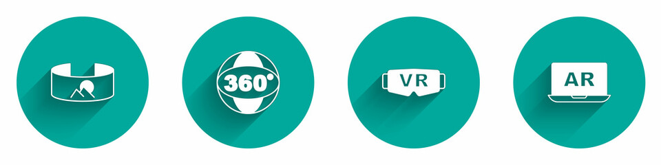 Set 360 degree view, Virtual reality glasses and Augmented AR icon with long shadow. Vector