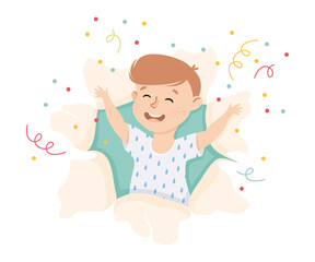 Cheerful Boy Looking Through Torn Paper Hole with Confetti Explosion and Waving Hands Vector Illustration