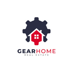 Gear Home Technology Logo Design Template. Cog Wheel Combined with House Icon Vector Illustration