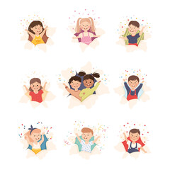 Children Looking Through Torn Paper Hole with Confetti Explosion Vector Set