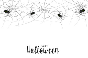 Halloween banner template. Realistic black spiders and web. Trick or treat party invitation card. Vector illustration.