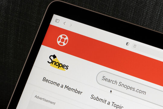 Portland, OR, USA - Oct 19, 2021: Closeup of the Snopes website homepage seen on a computer. Snopes.com is a website that conducts extensive fact-checking research on popular topics.