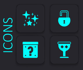 Set Medieval goblet, Magical glitter particles, Open padlock and Mystery box icon. Black square button. Vector