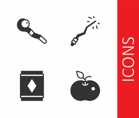 Set Poison apple, Magic staff, carpet and wand icon. Vector