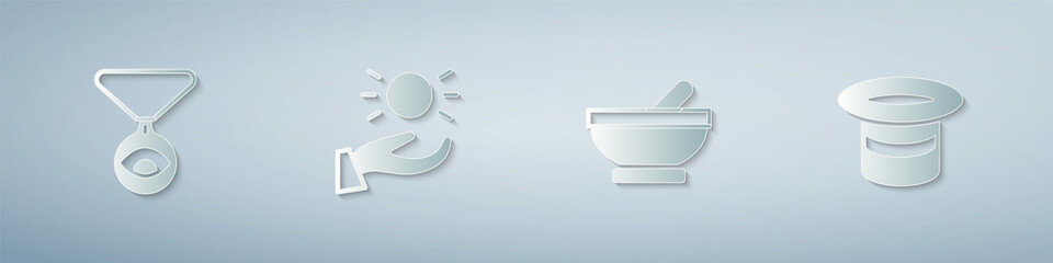 Set Medallion on chain with eye, Ball levitating above hand, Witch cauldron and Magic hat. Paper art style. Vector