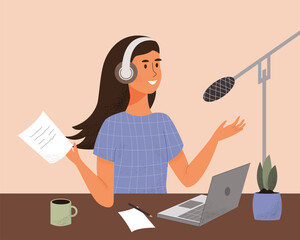 Plakat Woman with headphones is recording a podcast. Cute Female blogger, podcaster, radio presenter cartoon character. Podcast, online audio recording, live streaming in studio. Flat vector illustration