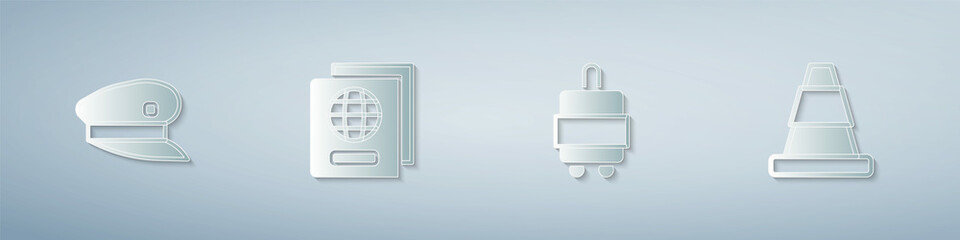 Fototapeta premium Set Train driver hat, Passport, Suitcase and Traffic cone. Paper art style. Vector