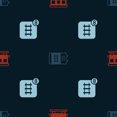 Set Passenger train cars, Train ticket and Online booking on seamless pattern. Vector
