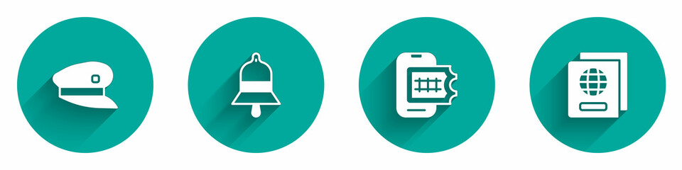 Set Train driver hat, station bell, Online ticket booking and Passport icon with long shadow. Vector