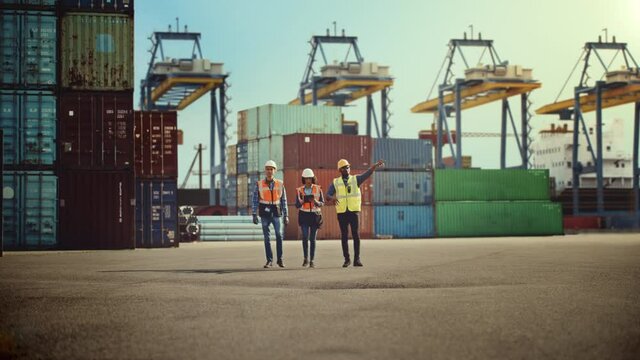 Team of Diverse Industrial Engineers, Safety Supervisors and Foremen in Hard Hats and Vests Walking in Container Terminal. Colleagues Talk About Logistics. VFX Gantry Cranes Work in the Background.