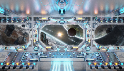 White spaceship interior with glowing blue and red lights. Futuristic spacecraft with large window view on planets in space. 3D rendering © sdecoret
