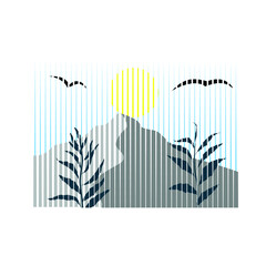 Poster with mountain landscape, plants  and sunset in boho art style  .Minimal design with line elements . Trendy brochure . Mountain peak .Wall art .Vector illustration .