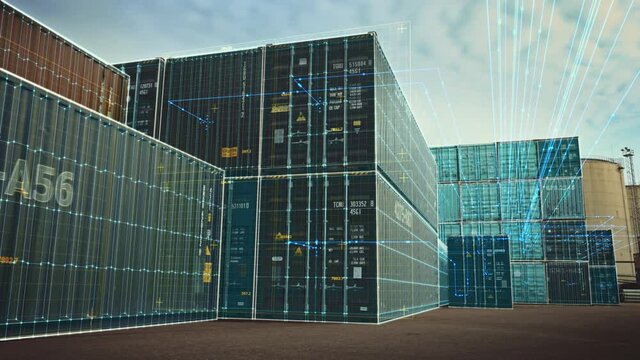 VFX Concept: Augmented Reality Visualization Creating 3D Graphics Over Shipping Containers in the Terminal. Futuristic Animation Effect Shows Online Connectivity of Every Unit to the Logistics Center.