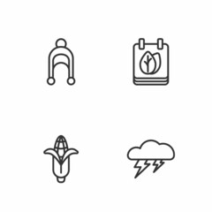 Set line Cloud and lightning, Corn, Winter hat and Calendar with autumn leaves icon. Vector