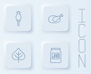 Set line Opium poppy, Roasted turkey or chicken, Leaf and Jam jar. White square button. Vector