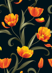 Seamless pattern of Tulip flower with leaf background template. Vector set of floral element for tropical print, wedding invitations, greeting card, brochure, banners and fashion design.