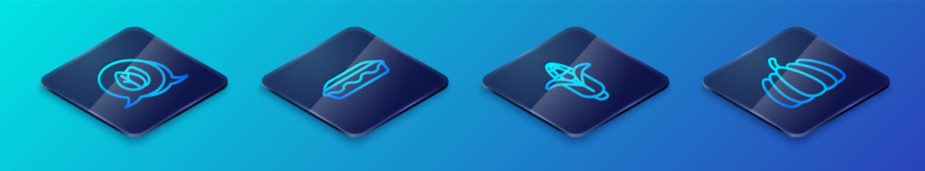 Set Isometric line Corn, Leaf, Pumpkin and Homemade pie icon. Vector