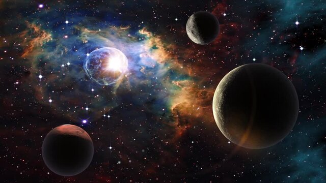 Spacescape background slowly moving through planetary system universe galaxies stars and nebulae