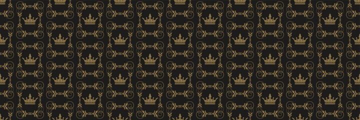 Background pattern with decorative golden elements on a black background in a royal style. Seamless background for wallpaper, textures. Vector illustration
