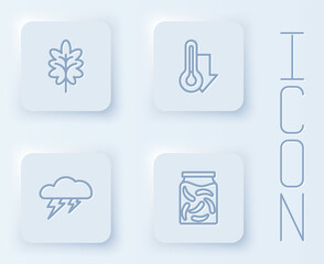 Set line Leaf, Thermometer, Cloud and lightning and Pickled cucumbers jar. White square button. Vector