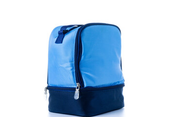 Blue bag. Camping freezer, cooler box for cold lunch food isolated on white background. Blue bag for travel, picnic.