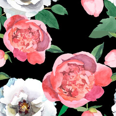 White and pink peonies watercolor on black backgroundseamless pattern for all prints.