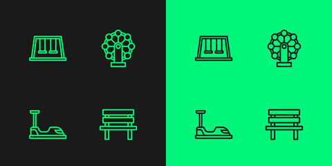 Set line Bench, Bumper car, Swings for kids and Ferris wheel icon. Vector