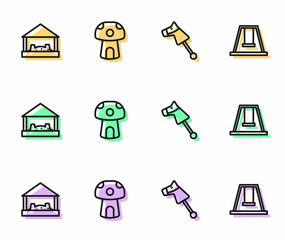 Set line Toy horse, Sandbox with sand, Mushroom house and Swing for kids icon. Vector