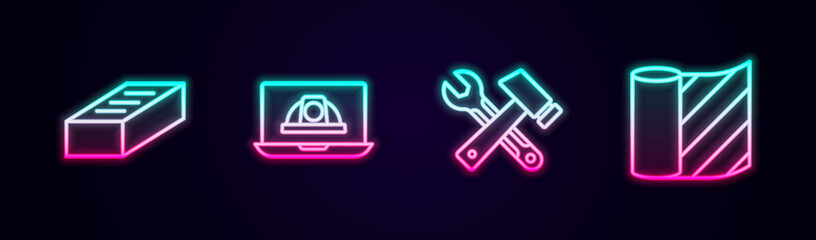 Set line Brick, Worker safety helmet, Hammer and wrench spanner and Wallpaper. Glowing neon icon. Vector