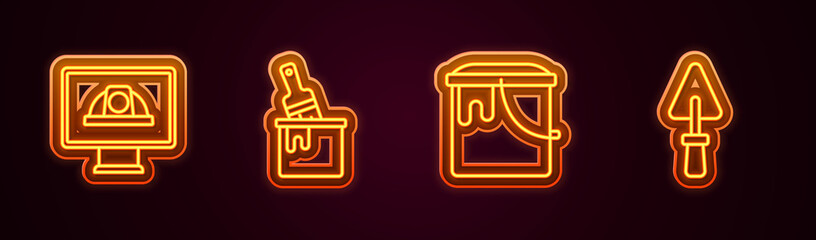 Set line Worker safety helmet, Paint bucket with brush, and Trowel. Glowing neon icon. Vector