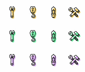 Set line Light bulb, Adjustable wrench, Crane hook and Hammer and spanner icon. Vector