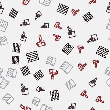 Set line Bricks, Paint bucket with brush, Wallpaper and roller on seamless pattern. Vector